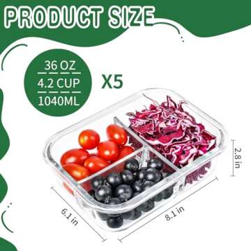 Skroam 5-Packs 36OZ Glass Airtight Food Storage Containers 3 Compartments, Glass Meal Prep Container...