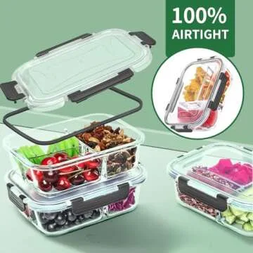 Skroam 5-Packs 36OZ Glass Airtight Food Storage Containers 3 Compartments, Glass Meal Prep Container Set with Lids for Pantry Kitchen Organizers and Storage, BPA Free Glass Lunch Boxes Bento