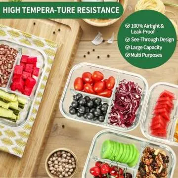 Skroam 5-Packs 36OZ Glass Airtight Food Storage Containers 3 Compartments, Glass Meal Prep Container Set with Lids for Pantry Kitchen Organizers and Storage, BPA Free Glass Lunch Boxes Bento