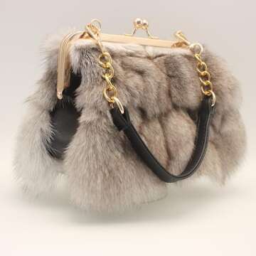 Luxurious Fashion Natural Fox Fur with Hair Handbag for Women and Ladies (White, Small) (White)