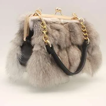 Luxurious Fashion Natural Fox Fur with Hair Handbag for Women and Ladies (White, Small) (White)