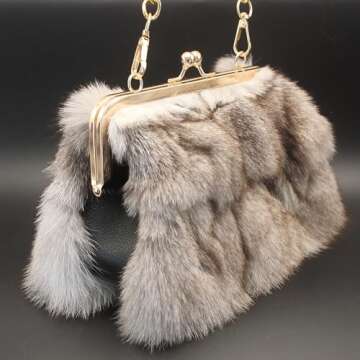 Luxurious Fashion Natural Fox Fur with Hair Handbag for Women and Ladies (White, Small) (White)