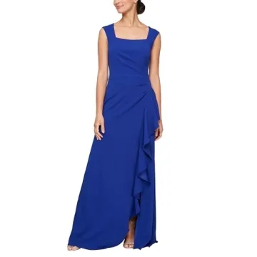 Alex Evenings Women's Long Cascade Ruffle Sleeveless Gown with Leg Slit, Mother of The Bride, Party ...
