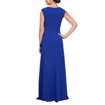 Alex Evenings Women's Long Cascade Ruffle Sleeveless Gown with Leg Slit, Mother of The Bride, Party Dress, Royal Square Neck