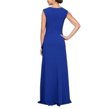 Alex Evenings Women's Long Cascade Ruffle Sleeveless Gown with Leg Slit, Mother of The Bride, Party Dress, Royal Square Neck