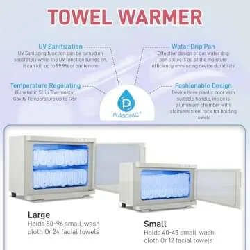 Pursonic Professional Towel Warmer with UV Sterilizer - 8L Premium Towel Warmer 360 Heating with Separate Water Tank - Aluminum Interior for Bathroom, Spa, Salon & Home (White)