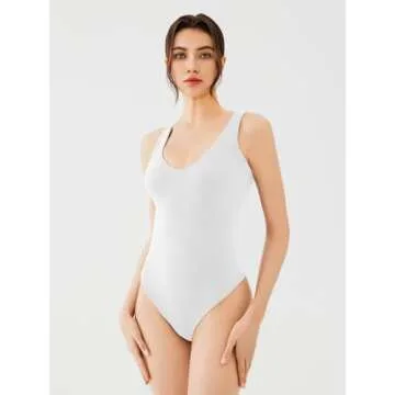 REORIA Womens Bodysuits Sexy Deep V Neck Backless Sleeveless Double Lined Slim Tank Thong Body Suits Summer Going Out Tops Concert Outfits Fashion Trendy 2025 White Small