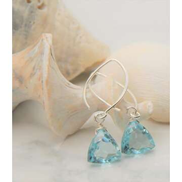 Handmade Dangle Earrings for Women - Aquamarine Blue Quartz Sterling Silver Earrings in Gift Box - S...