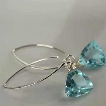 Handmade Dangle Earrings for Women - Aquamarine Blue Quartz Sterling Silver Earrings in Gift Box - Sparkly Blue Quartz Trillion - Lightweight Dangling Earrings - Trendy Long Dangly Drop Earrings
