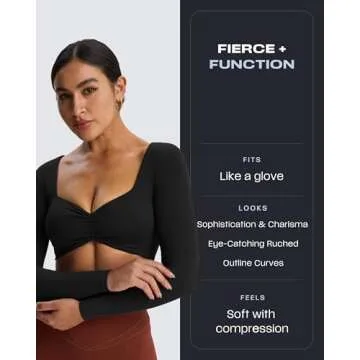 Aoxjox Long Sleeve Crop Tops for Women Sweetheart Neck Ruched Workout Gym Cropped T Shirt Top (Black...