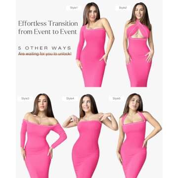 Popilush Long Sleeve Maxi Dress Bodycon Cocktail Dress Shapewear Tummy Control Fall Formal Dresses Built-in Bra Pink