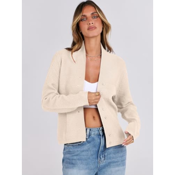 ANRABESS Women’s Cardigan Sweater 2024 Casual Waffle Knit Long Sleeve Button Down Fall Fashion Jackets Outwear Almond Large