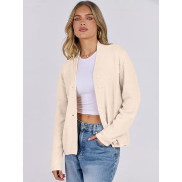 ANRABESS Women’s Cardigan Sweater 2024 Casual Waffle Knit Long Sleeve Button Down Fall Fashion Jackets Outwear Almond Large