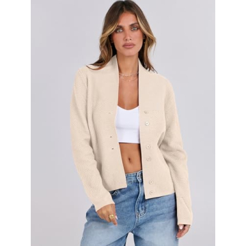 ANRABESS Women’s Cardigan Sweater 2024 Casual Waffle Knit Long Sleeve Button Down Fall Fashion Jackets Outwear Almond Large