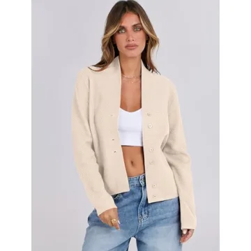 ANRABESS Women’s Cardigan Sweater 2024 Casual Waffle Knit Long Sleeve Button Down Fall Fashion Jackets Outwear Almond Large