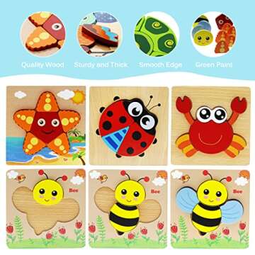 Montessori Toys for 1 2 3 Year Old Boys Girls Wooden Toddler Puzzles Kids Infant Baby Educational Learning Toys for Toddlers 1-3 Gifts 6 Animal Shape Jigsaw Eco Friendly Travel STEM Building Toy Games