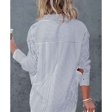 Diosun Womens Striped Button Down Shirts Classic Long Sleeve Stylish Collared Office Work Blouses Tops (Medium, Grey)