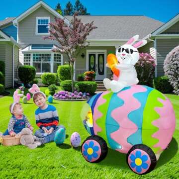 GUDELAK 6FT Easter Inflatables Outdoor Decorations with Easter Bunny Decor Eggs Car, Easter Yard Decorations with LED Lights, Easter Blow Up Yard Decorations for Lawn Garden Outdoor Easter Decorations