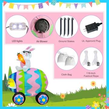 GUDELAK 6FT Easter Inflatables Outdoor Decorations with Easter Bunny Decor Eggs Car, Easter Yard Decorations with LED Lights, Easter Blow Up Yard Decorations for Lawn Garden Outdoor Easter Decorations
