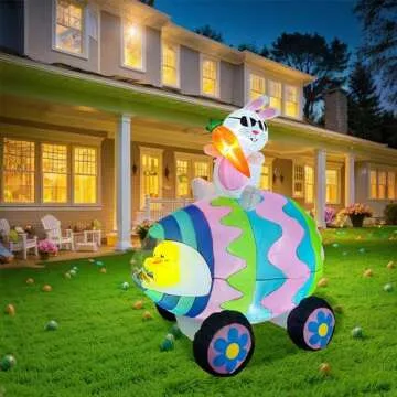 GUDELAK 6FT Easter Inflatables Outdoor Decorations with Easter Bunny Decor Eggs Car, Easter Yard Decorations with LED Lights, Easter Blow Up Yard Decorations for Lawn Garden Outdoor Easter Decorations