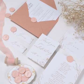 UNIQOOO Wax Seal Stickers - Rosemary Botanical Wedding Invitation Envelope Seal Stickers, 50 Pcs Self- Adhesive Blush Pink Stickers, Perfect for Invitation, Envelopes, Gift Wrapping, Party, Christmas