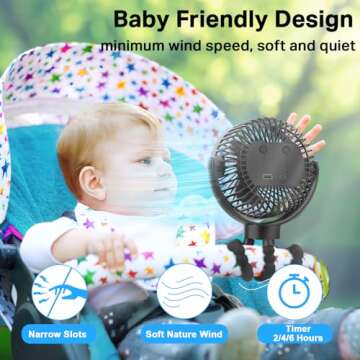 Stroller Fan, Portable Fan 60Hrs 12000mAh Battery Operated Fans USB Rechargeable Small Fan for Bedro...