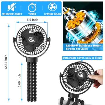 Stroller Fan, Portable Fan 60Hrs 12000mAh Battery Operated Fans USB Rechargeable Small Fan for Bedroom, Desk, Personal Handheld, Clip on Fans for Baby Stroller, Travel, Car Seat, Peloton, Bed, Camping