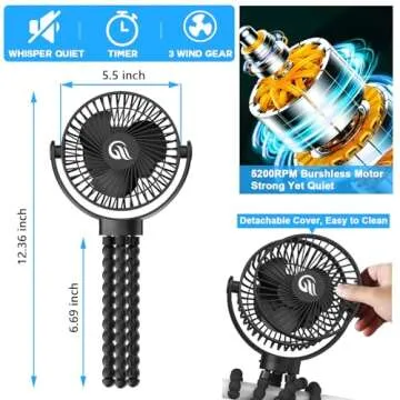 Stroller Fan, Portable Fan 60Hrs 12000mAh Battery Operated Fans USB Rechargeable Small Fan for Bedroom, Desk, Personal Handheld, Clip on Fans for Baby Stroller, Travel, Car Seat, Peloton, Bed, Camping