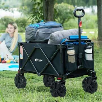 PORTAL Collapsible Folding Utility Wagon, Foldable Wagon Carts Heavy Duty, Large Capacity Beach Wagon with All Terrain Wheels, Outdoor Portable Wagon for Camping, Garden, Shopping, Groceries, Black