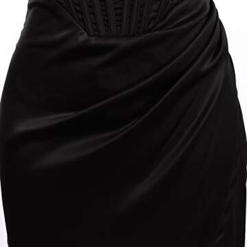 Womens Off Shoulder Split Corset Satin Dress Strapless High Slit Bodycon Ruched Cocktail Party Dress Midi Sexy Night Club Tube Dress Backless Slim Fit Formal Wedding Guest Evening Dress Black Medium