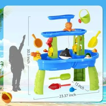 2024 Upgraded Sand Water Table Toys for Kids, 3-Tier & Electric Water Pump Rain Showers Splash Pond Toddler Sand Table, Sensory Play Table for Boy Girl 3+ Beach Summer Outside, Blue&Green