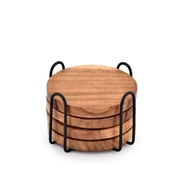 EDHAS Acacia Wood Coasters for Drinks with Iron Holder Stand - Elegant Protection & Decor, Set of 4