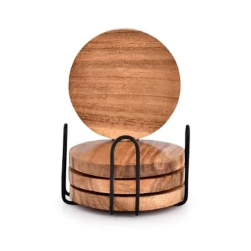 EDHAS Acacia Wood Coasters Set with Iron Holder - Stylish Protection