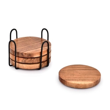 EDHAS Acacia Wood Coasters Set with Iron Holder - Stylish Protection