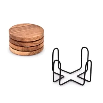 EDHAS Acacia Wood Coasters Set with Iron Holder - Stylish Protection