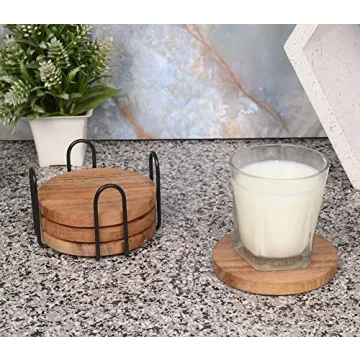 EDHAS Acacia Wood Coasters Set with Iron Holder - Stylish Protection