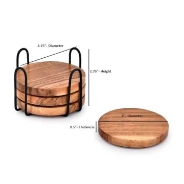 EDHAS Acacia Wood Coasters Set with Iron Holder - Stylish Protection