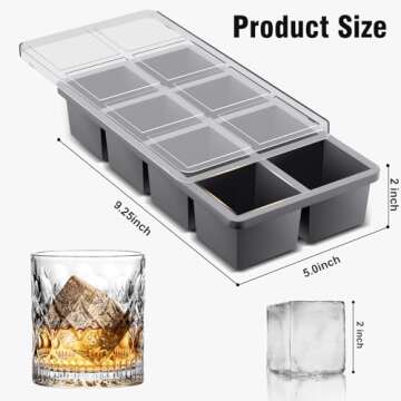Samuelworld Large Silicone Ice Cube Tray Molds, 2-Pack, Big 2 Inch Cubes - BPA Free, Flexible, 8 Cavity Easy Release Slow Melting Ice for Whiskey, Cocktails, Gifts - Grey (With Lids)