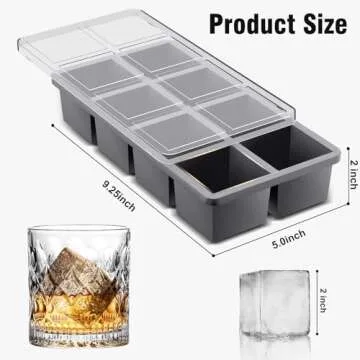 Samuelworld Large Silicone Ice Cube Tray Molds, 2-Pack, Big 2 Inch Cubes - BPA Free, Flexible, 8 Cavity Easy Release Slow Melting Ice for Whiskey, Cocktails, Gifts - Grey (With Lids)