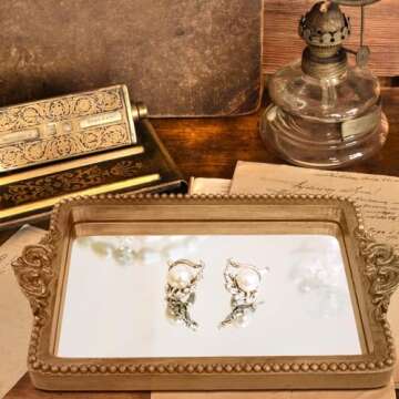 Hanna Roberts Vintage Gold Tray with Mirror Glass Base | Card Holder for Guests During Occasions and Events or Decorative Home and Vanity Organizer (Gold)