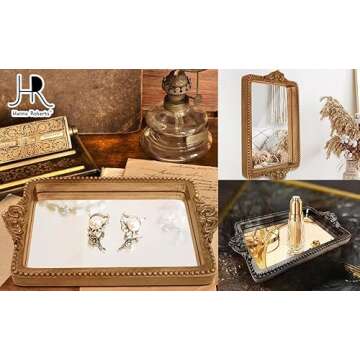 Hanna Roberts Vintage Gold Tray with Mirror Glass Base | Card Holder for Guests During Occasions and Events or Decorative Home and Vanity Organizer (Gold)