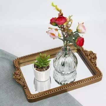 Hanna Roberts Vintage Gold Tray with Mirror Glass Base | Card Holder for Guests During Occasions and Events or Decorative Home and Vanity Organizer (Gold)