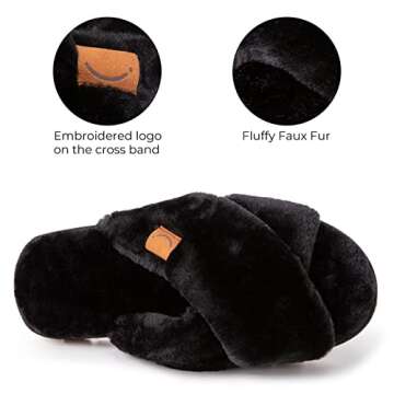 HomeTop Women's Fuzzy Soft House Slippers Sliders Plush Flat Sandals for Women Memory Foam House Shoes, Premium Cross Band Ladies Arch Support Slippers Comfy Bedroom Shoes Indoor Outdoor Slip On Breathable Open Toe Slippers Black, 9-10 US