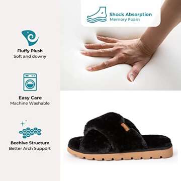 HomeTop Women's Fuzzy Soft House Slippers Sliders Plush Flat Sandals for Women Memory Foam House Shoes, Premium Cross Band Ladies Arch Support Slippers Comfy Bedroom Shoes Indoor Outdoor Slip On Breathable Open Toe Slippers Black, 9-10 US