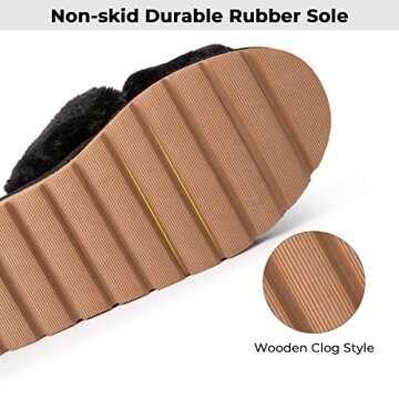 HomeTop Women's Fuzzy Soft House Slippers Sliders Plush Flat Sandals for Women Memory Foam House Shoes, Premium Cross Band Ladies Arch Support Slippers Comfy Bedroom Shoes Indoor Outdoor Slip On Breathable Open Toe Slippers Black, 9-10 US