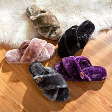 HomeTop Women's Fuzzy Soft House Slippers Sliders Plush Flat Sandals for Women Memory Foam House Shoes, Premium Cross Band Ladies Arch Support Slippers Comfy Bedroom Shoes Indoor Outdoor Slip On Breathable Open Toe Slippers Black, 9-10 US