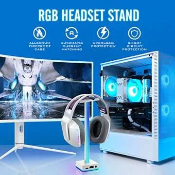 EZDIY-FAB USB LED Light Bar Headphones Stand, Desktop Atmosphere RGB Backlight,50 Built-in Color Modes, Headphone Holder for Gamers Gaming PC Accessories Desk- White- 1 Pack