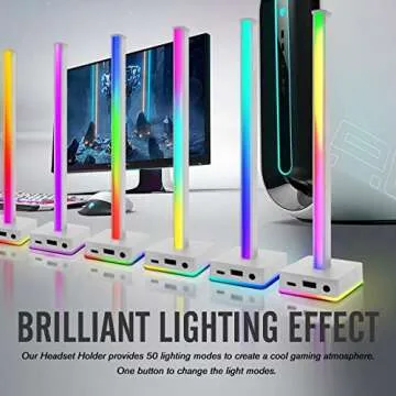 EZDIY-FAB USB LED Light Bar Headphones Stand, Desktop Atmosphere RGB Backlight,50 Built-in Color Modes, Headphone Holder for Gamers Gaming PC Accessories Desk- White- 1 Pack