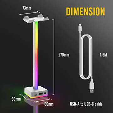 EZDIY-FAB USB LED Light Bar Headphones Stand, Desktop Atmosphere RGB Backlight,50 Built-in Color Modes, Headphone Holder for Gamers Gaming PC Accessories Desk- White- 1 Pack