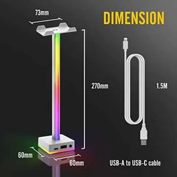EZDIY-FAB USB LED Light Bar Headphones Stand, Desktop Atmosphere RGB Backlight,50 Built-in Color Modes, Headphone Holder for Gamers Gaming PC Accessories Desk- White- 1 Pack